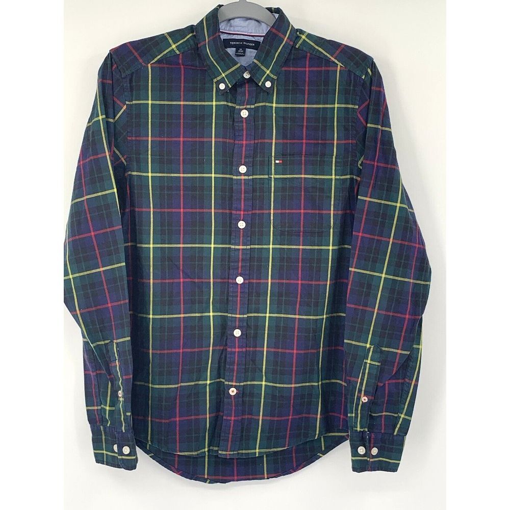 Tommy Hilfiger Navy Blue Plaid Long Sleeve Button Up Men's Shirt Size XS - Picture 2 of 9